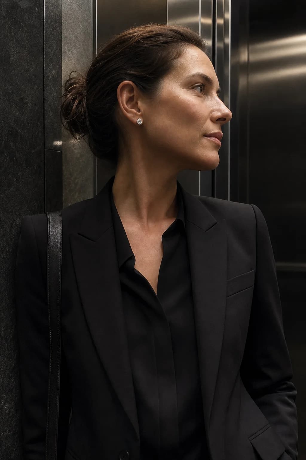 A woman wearing Dauntless in a black stone elevator